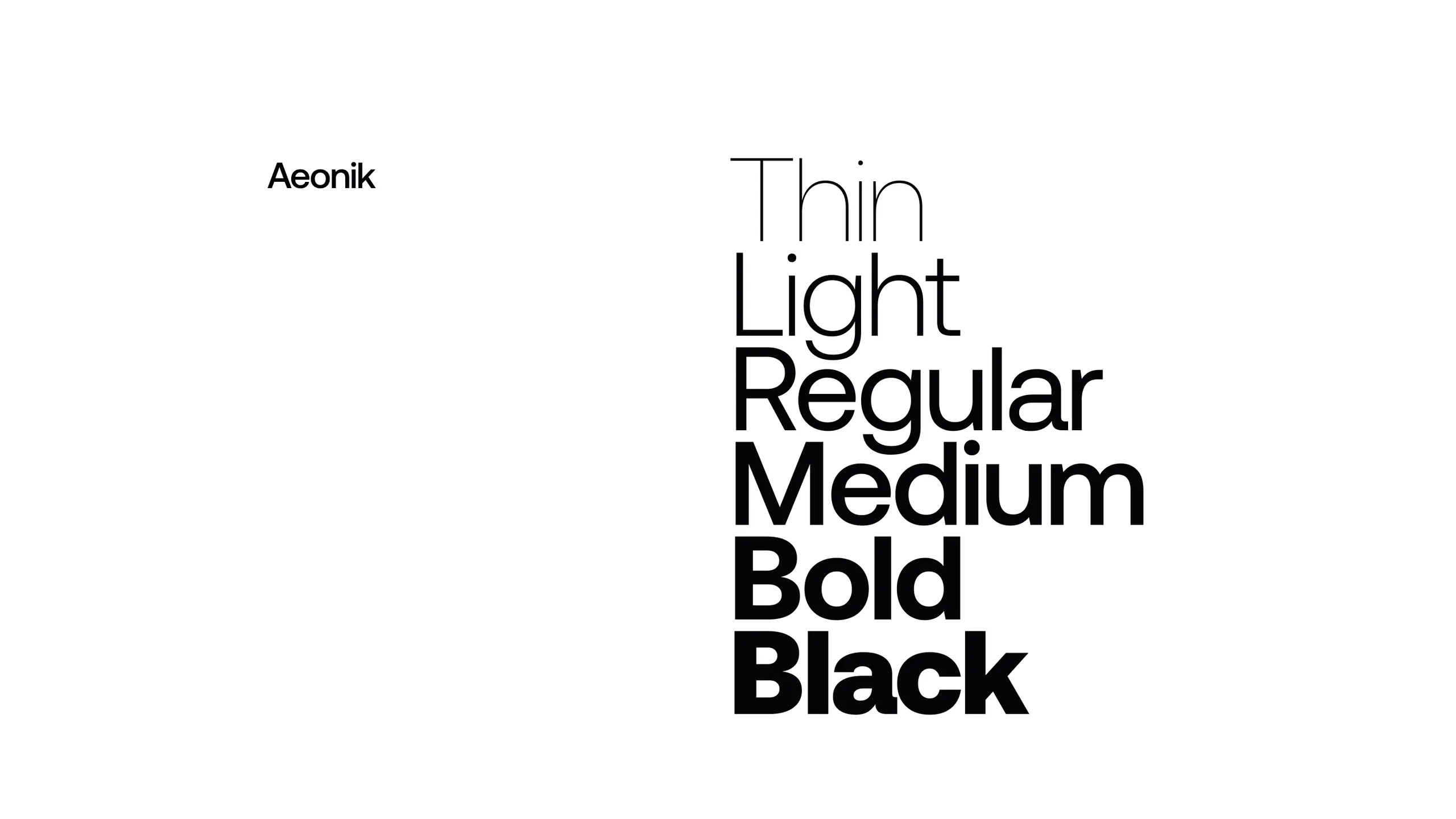 Aeonik typeface specimen, weights from Thin to Black, the type family of the Fnac Darty group website