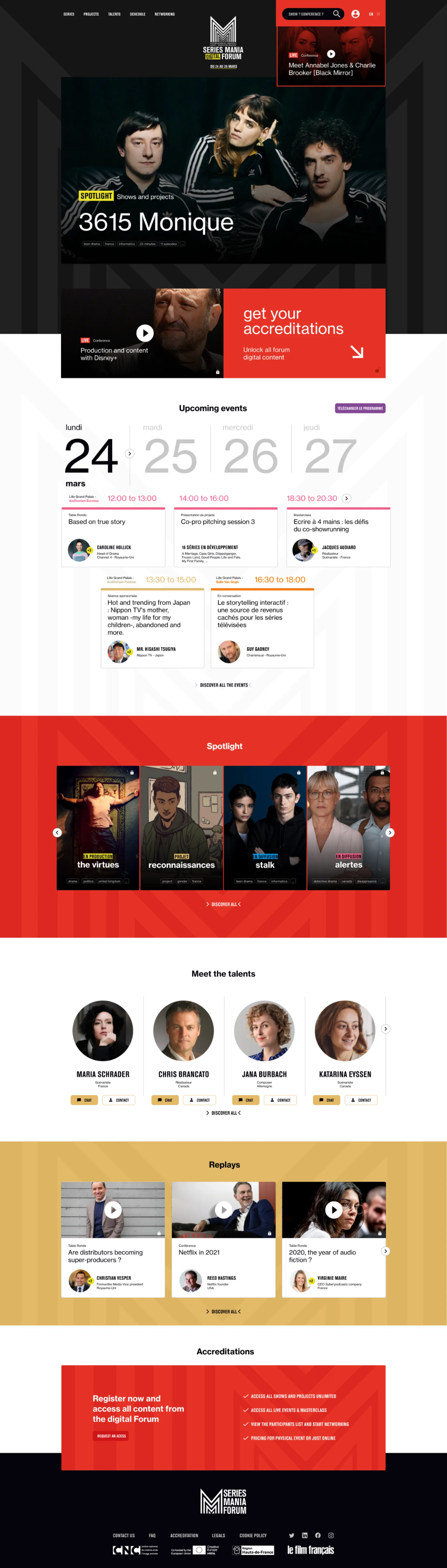 Full Séries Mania Forum homepage: spotlight, agenda, talents, replays and accreditations in black, red and yellow