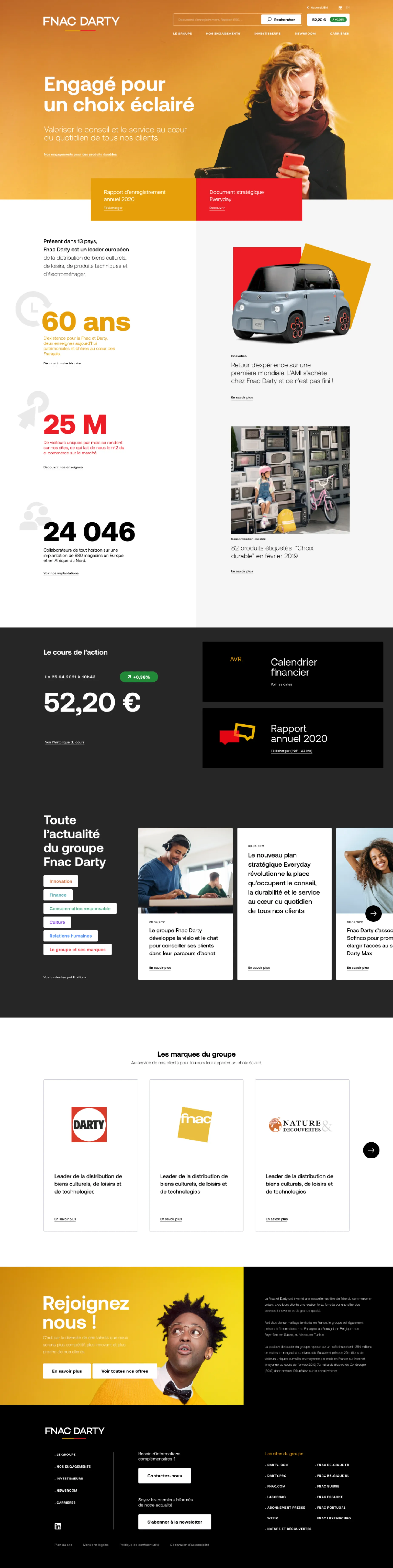 Full Fnac Darty group homepage, from the Engagé pour un choix éclairé header to key figures and the news