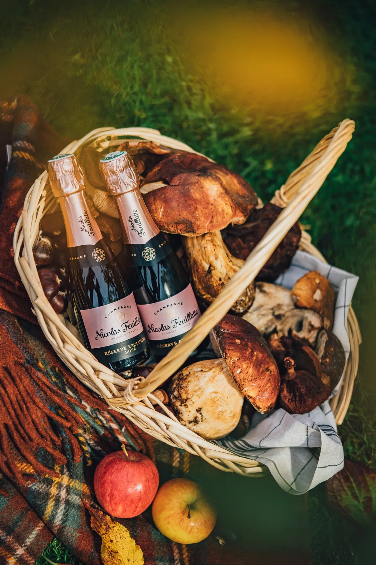 Picnic basket with two bottles of rosé, mushrooms and apples on a tartan blanket, Nicolas Feuillatte