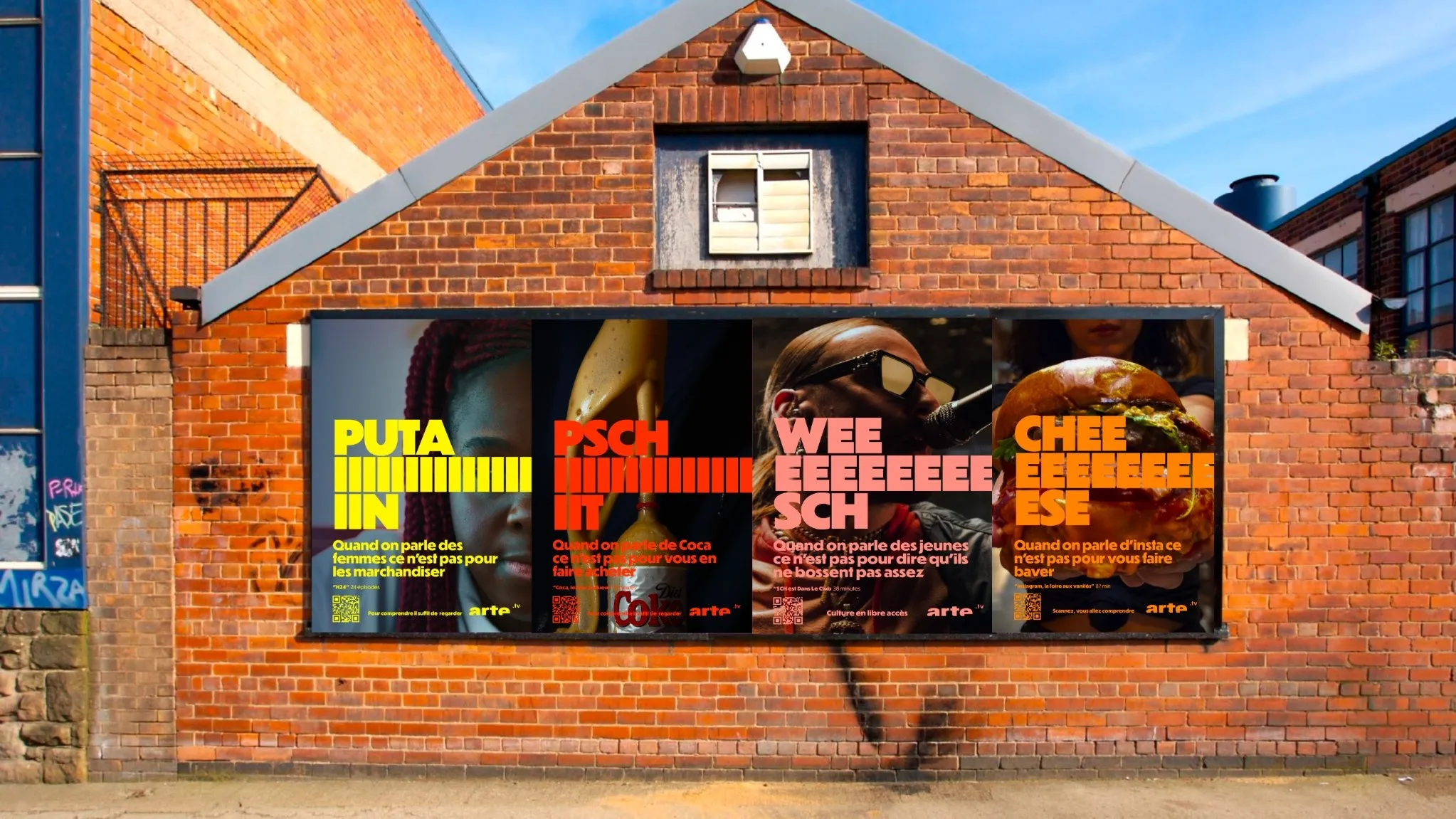 Photo versions of the posters on the same brick wall, the giant words laid over portraits, Arte campaign