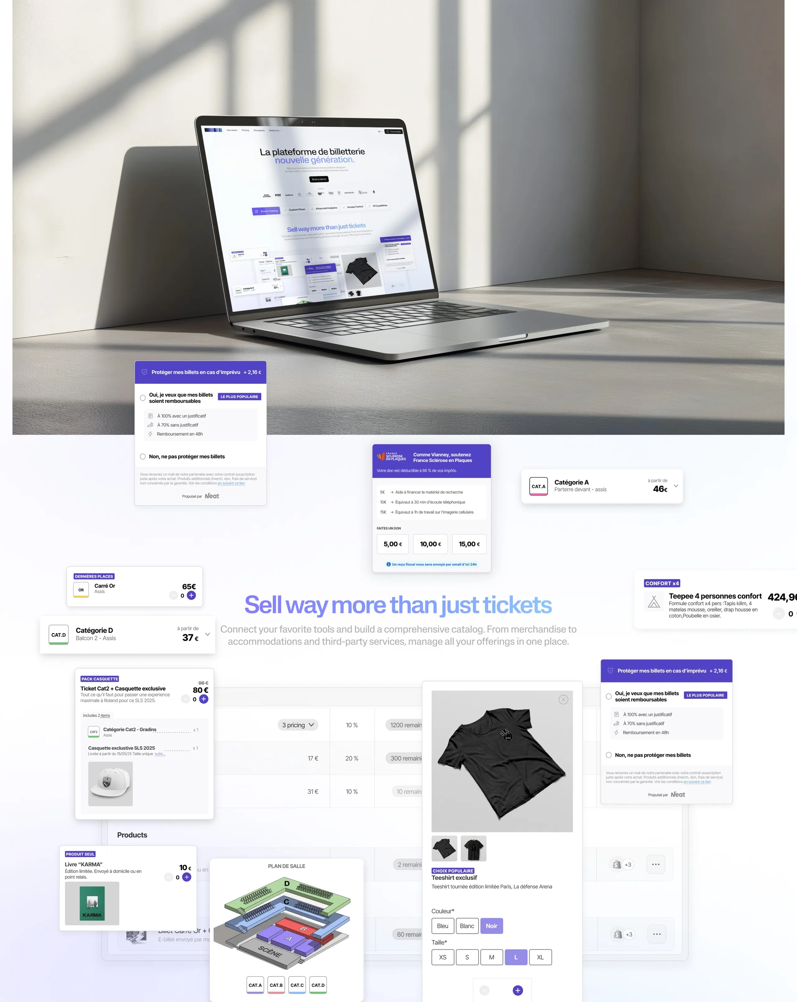 Laptop showing the Billy homepage above floating cards for ticket insurance, donations, seating plans and merch
