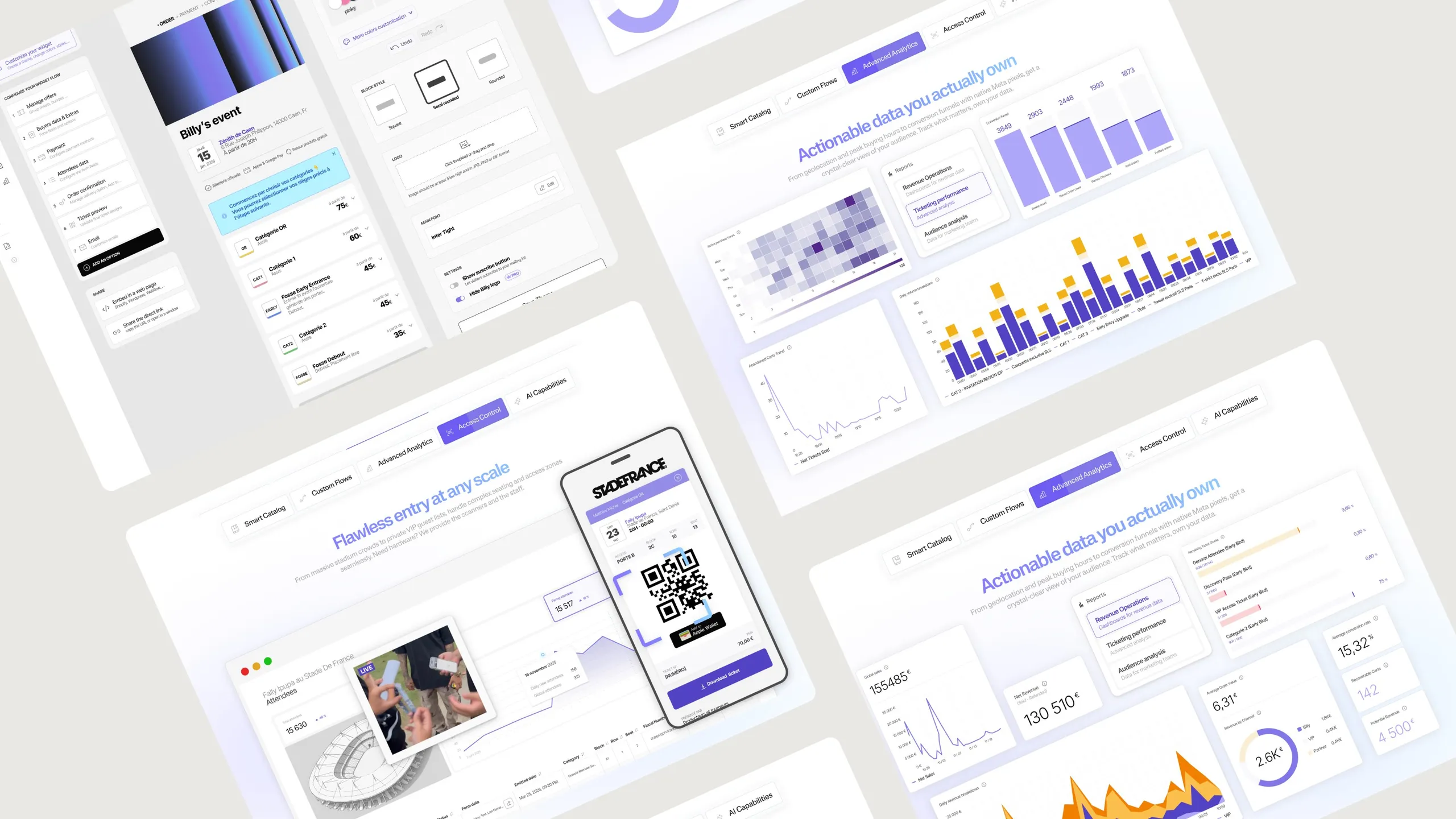 Tilted grid of Billy screens: widget settings, analytics dashboards and a stadium e-ticket on a phone