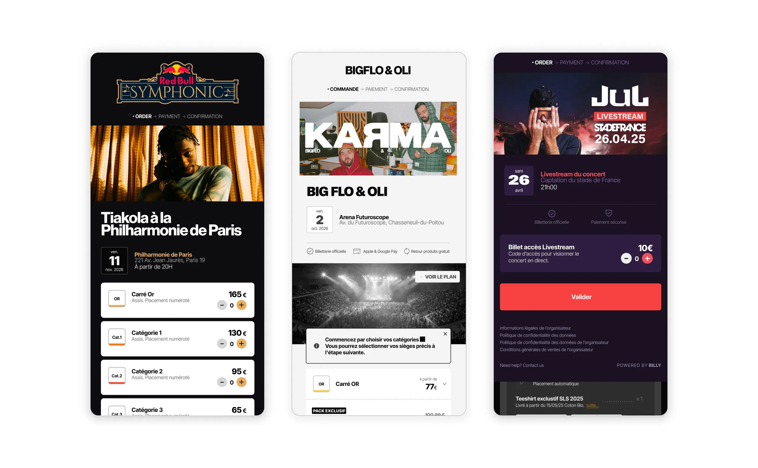 Three Billy ticketing widgets on white: an orchestral concert, a rap duo's arena show and a stadium livestream