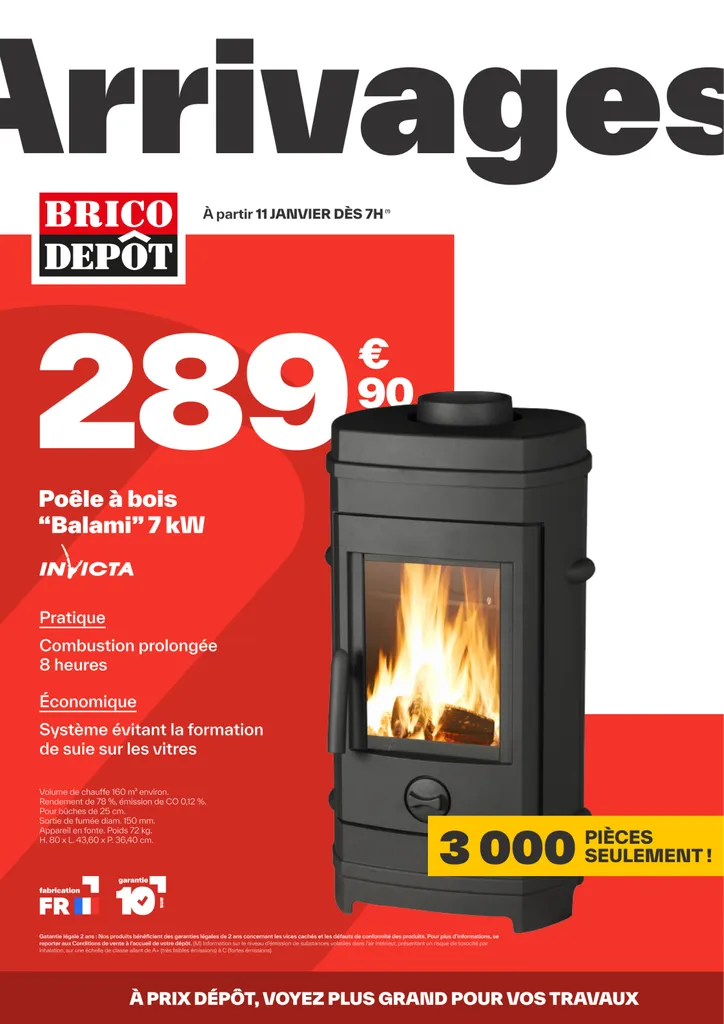 Arrivages catalogue cover with a wood-burning stove at €289.90 on red and white, Brico Dépôt identity