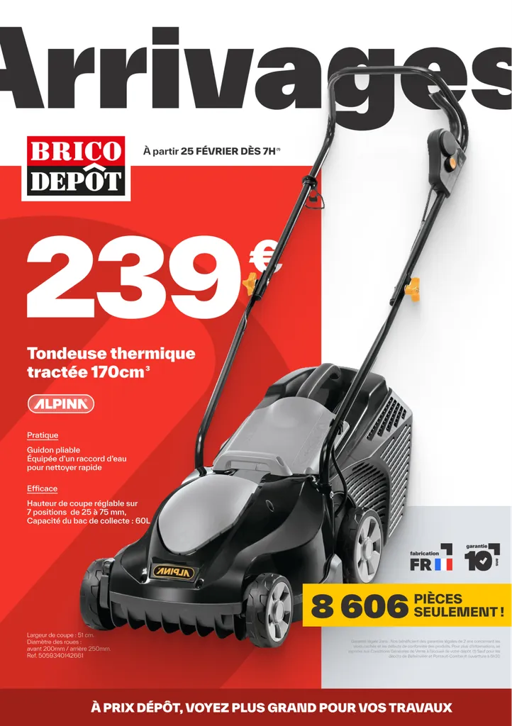 Arrivages catalogue cover with a petrol lawnmower at €239 on red and white, Brico Dépôt identity