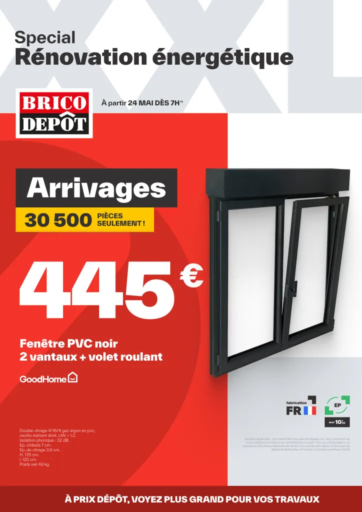 XXL special catalogue cover on energy renovation, a black PVC window at €445, Brico Dépôt identity