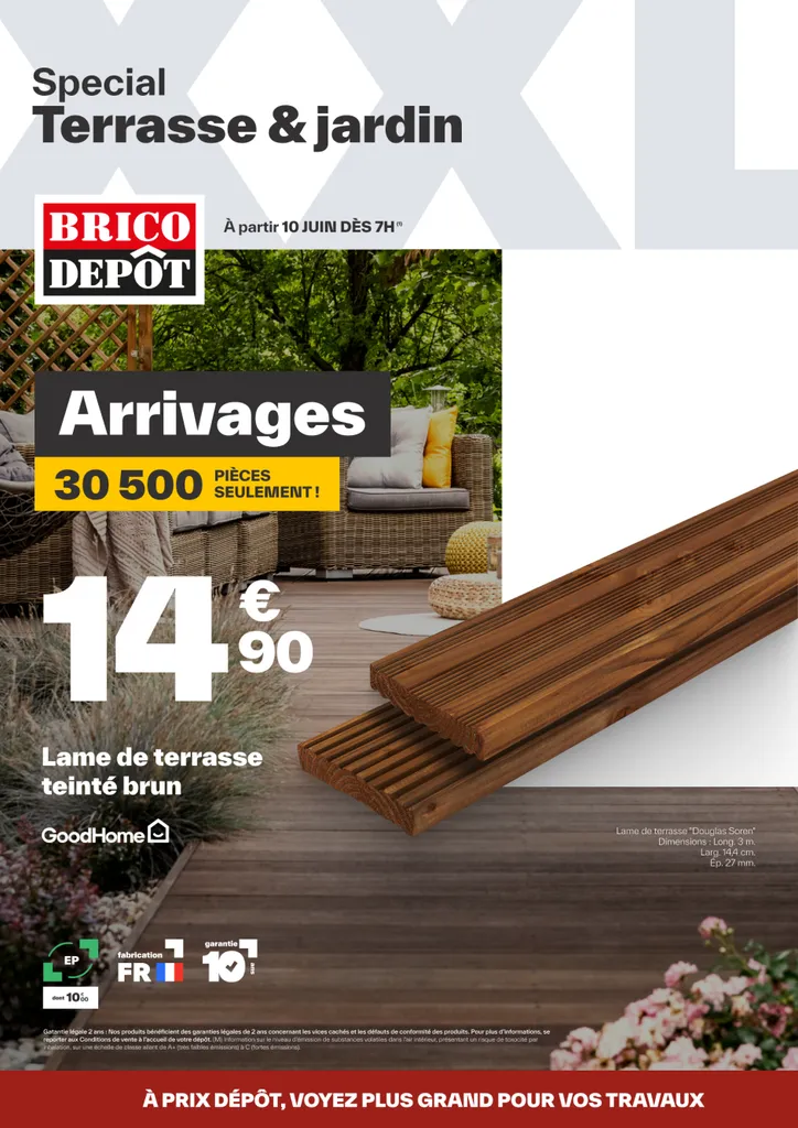XXL special catalogue cover on terrace and garden, stained decking boards at €14.90, Brico Dépôt