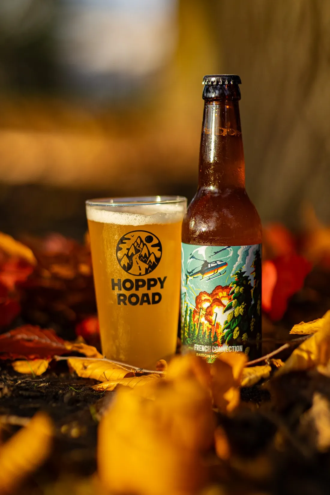 Glass and bottle of French Connection among golden autumn leaves in warm evening light, Hoppy Road