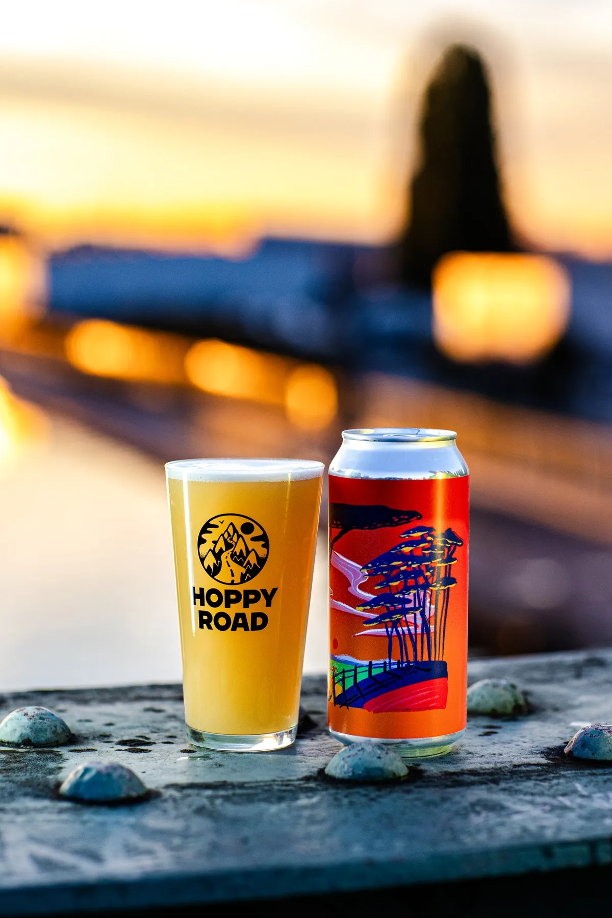 Pint and red illustrated can on a metal ledge by the water at sunset, Hoppy Road brewery