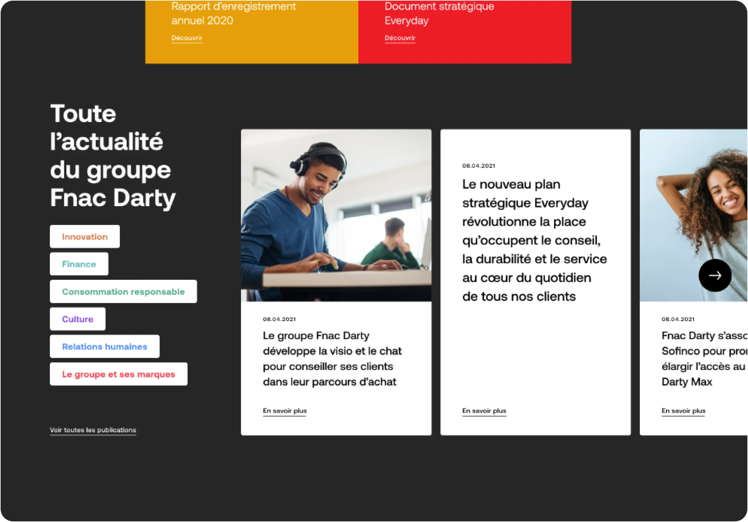 Tablet showing the dark news section of the Fnac Darty group website, with topic filters and article cards