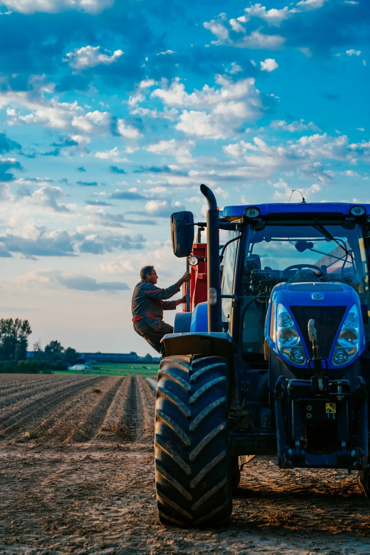 Farmer climbing into the cab of a blue tractor on a ploughed field, McCain farming families
