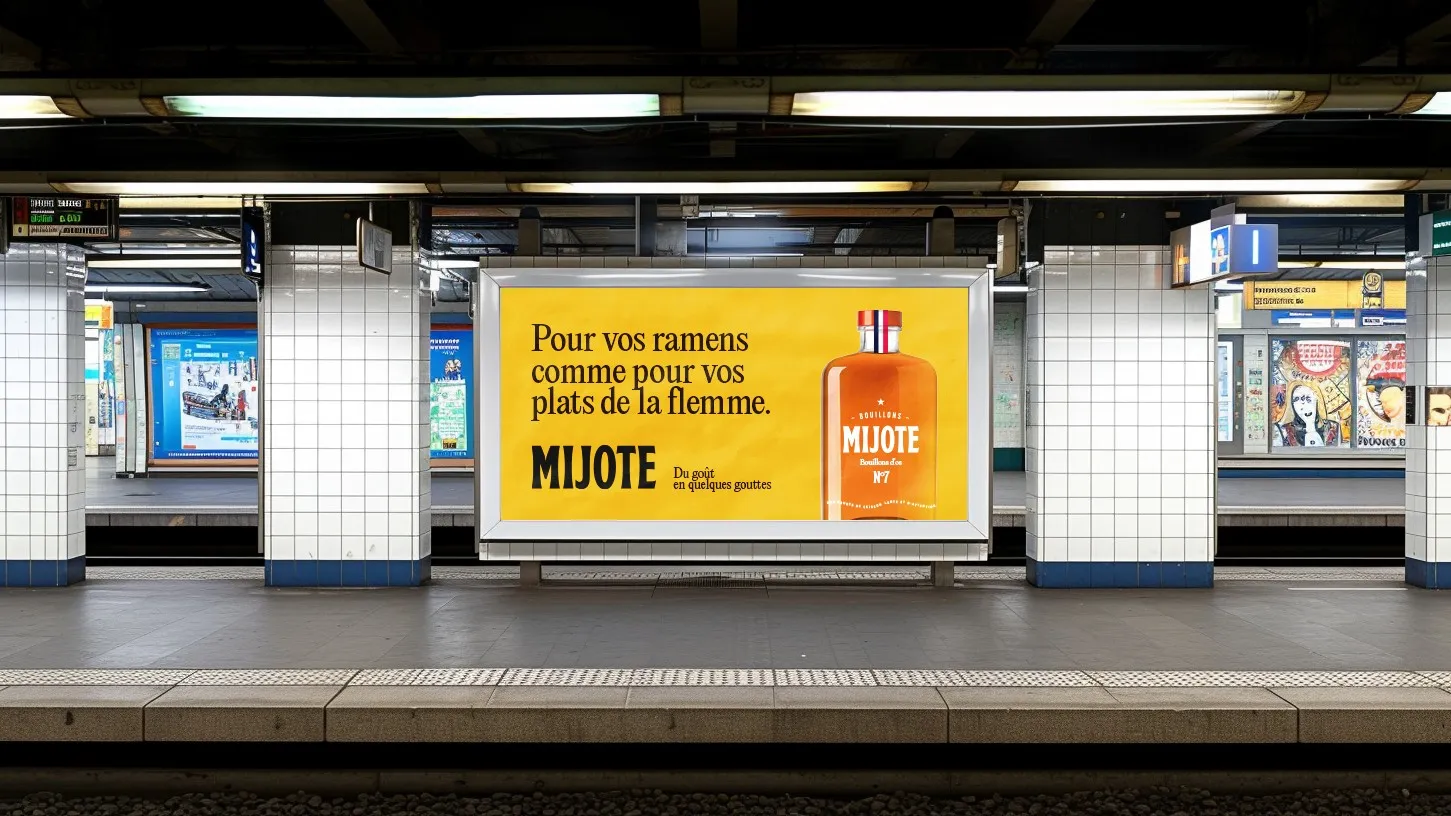 Yellow Mijote billboard in a metro station: Pour vos ramens comme pour vos plats de la flemme
