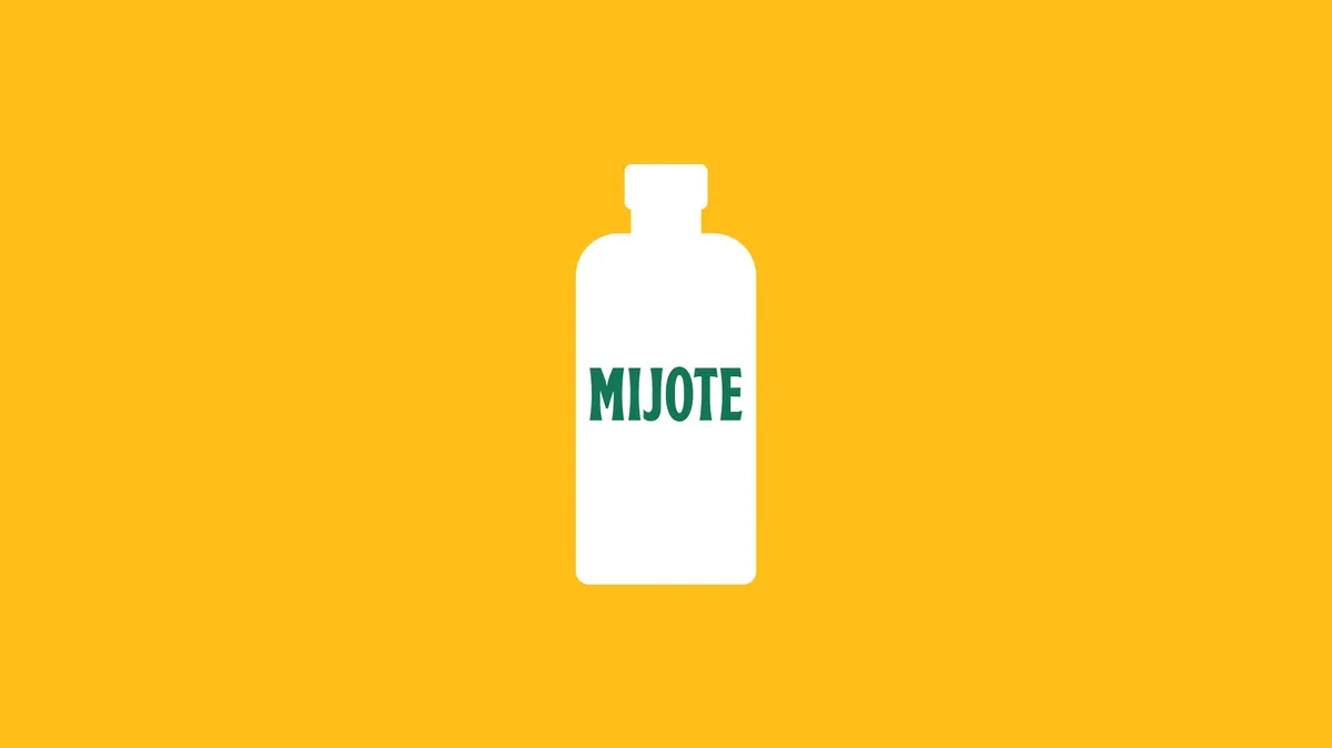 White bottle pictogram with a green Mijote wordmark on a yellow background, one of the Mijote colour pairs