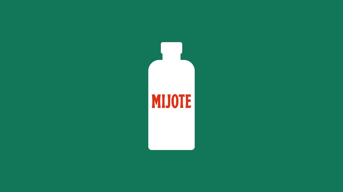 White bottle pictogram with a red Mijote wordmark on a green background, one of the Mijote colour pairs