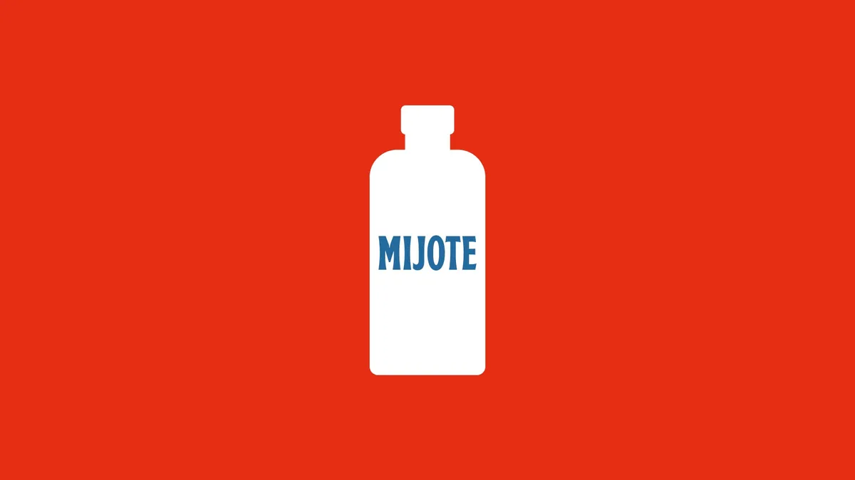 White bottle pictogram with a blue Mijote wordmark on a red background, one of the Mijote colour pairs
