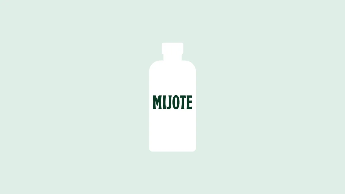 White bottle pictogram with a dark green Mijote wordmark on pale green, one of the Mijote colour pairs