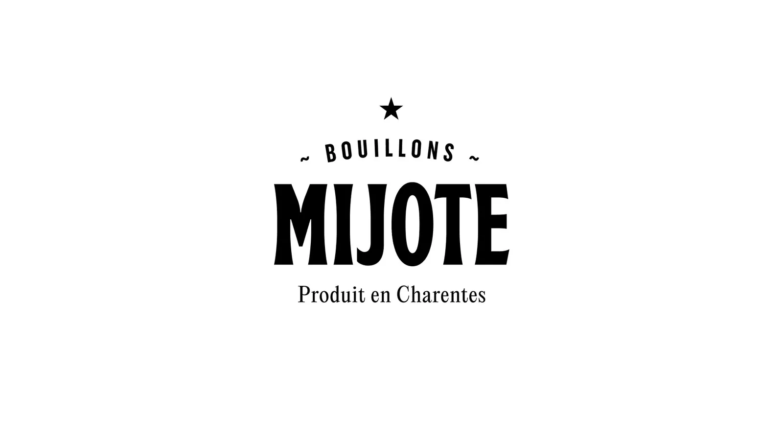 Black Mijote logo with a star and the word Bouillons, Produit en Charentes below, on white, Mijote identity