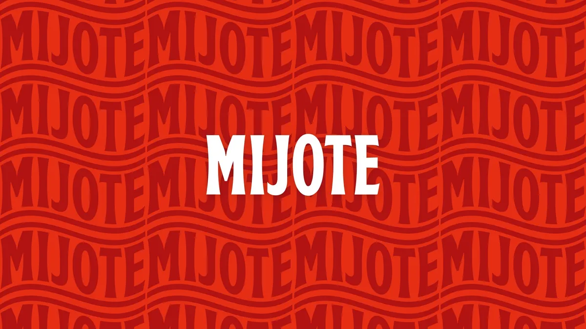 Repeating red Mijote wordmark pattern with the logo in white at the centre, Mijote broth identity