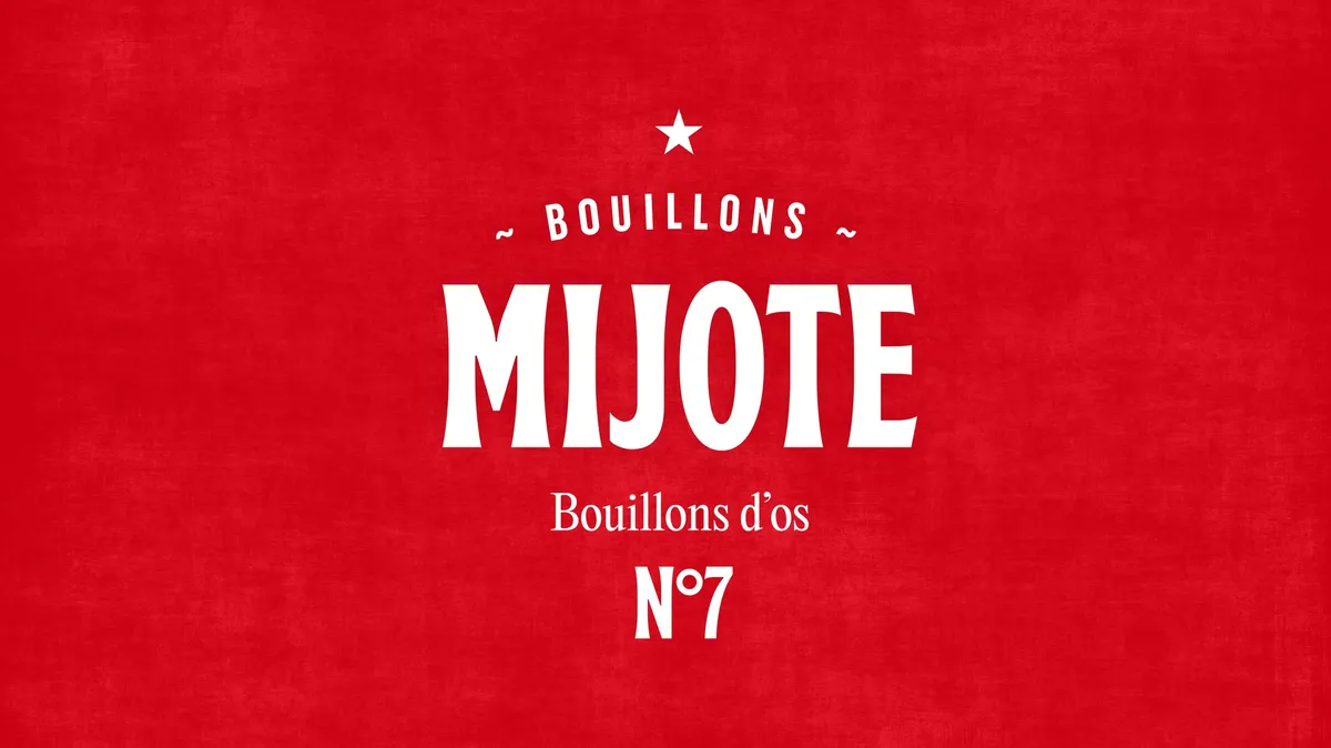 Bouillons d'os N°7 label with the white Mijote logo on red, from the Mijote broth identity