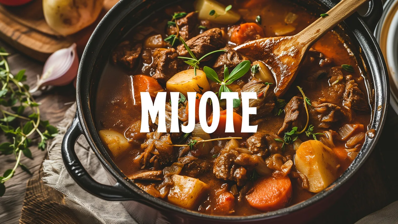 Mijote logo over a cast-iron pot of simmering beef stew with carrots and potatoes, brand imagery