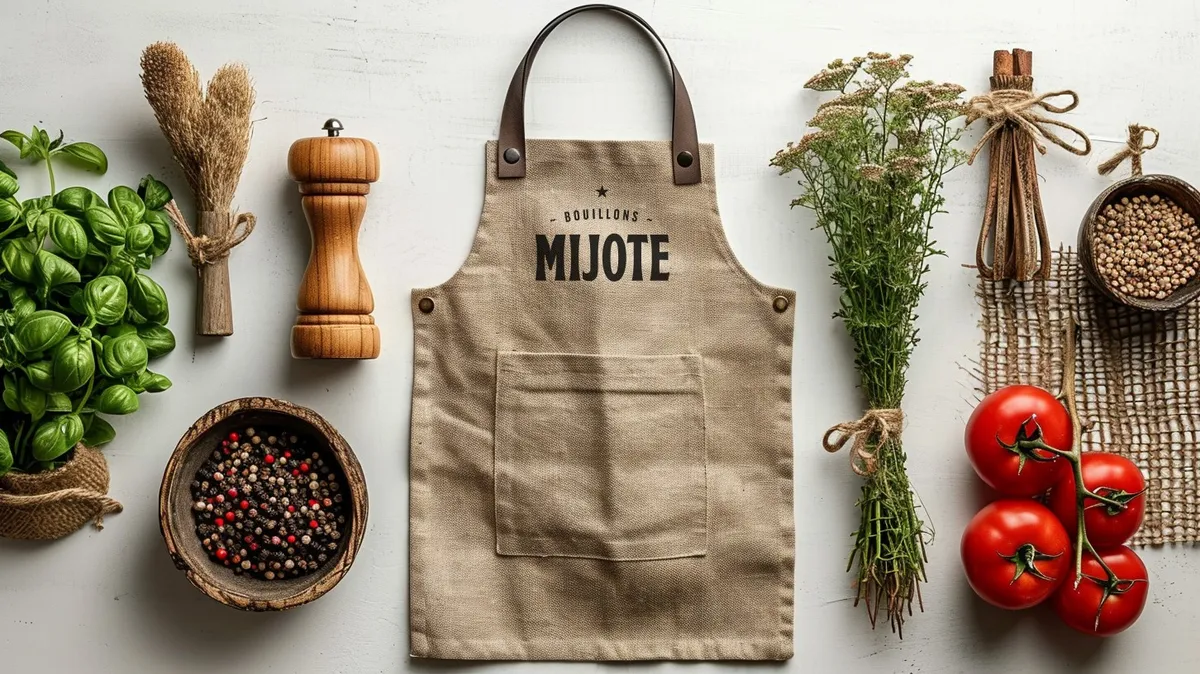 Linen apron with the Mijote logo among herbs, spices, tomatoes and a pepper mill, brand imagery