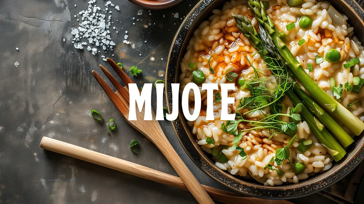 Mijote logo over a bowl of risotto with green asparagus and peas, brand imagery for Mijote broths