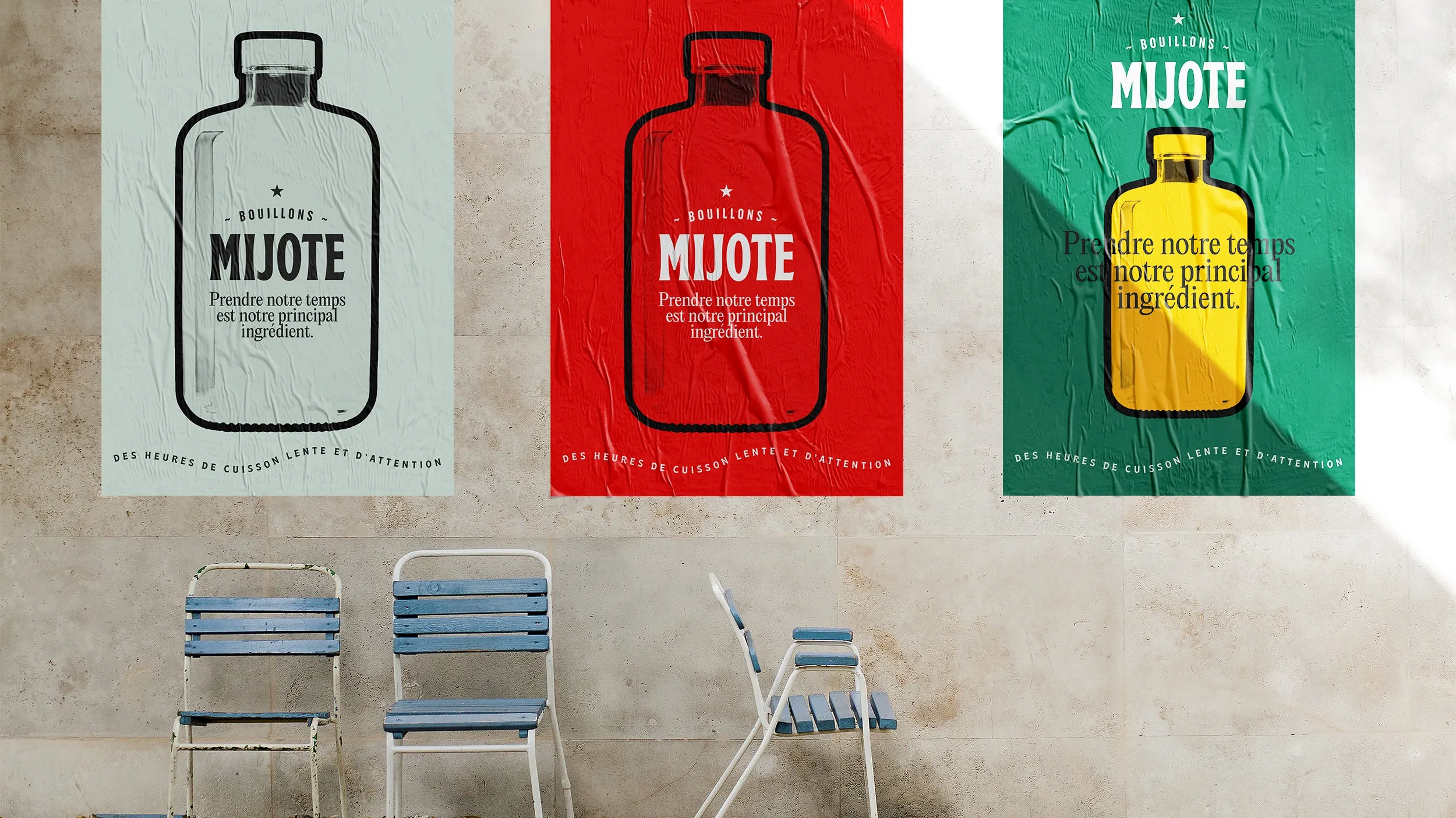 Three Mijote posters pasted on a concrete wall above blue café chairs, in pale grey, red and green