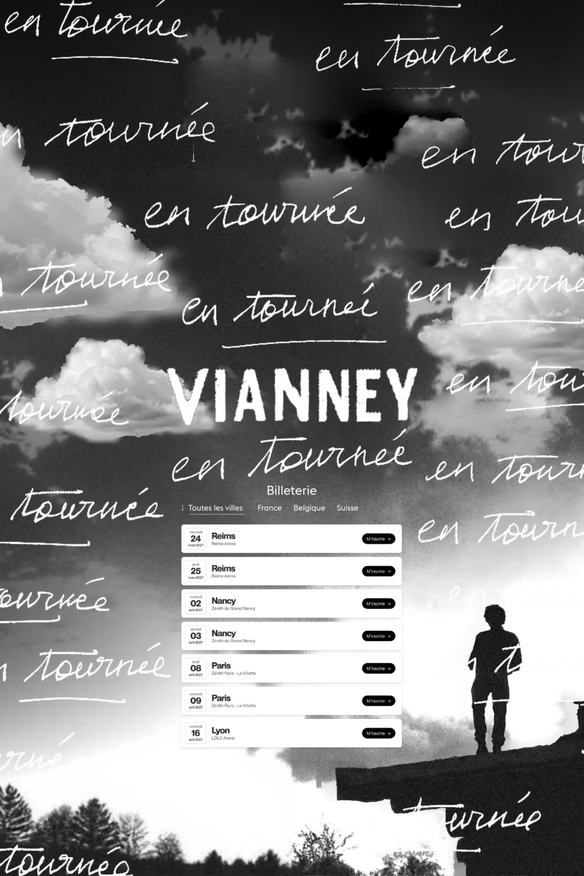 Black and white tour visual: en tournée handwritten across clouds and a silhouette on a rooftop, Vianney