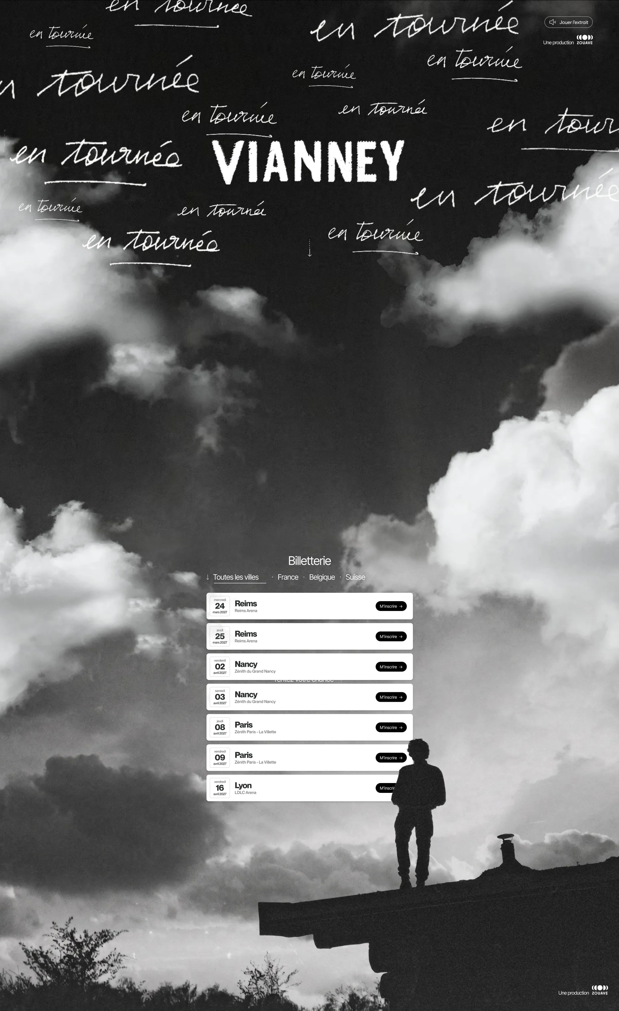 Full page of Vianney's tour website: en tournée handwritten over clouds, tour dates, a silhouette on a rooftop