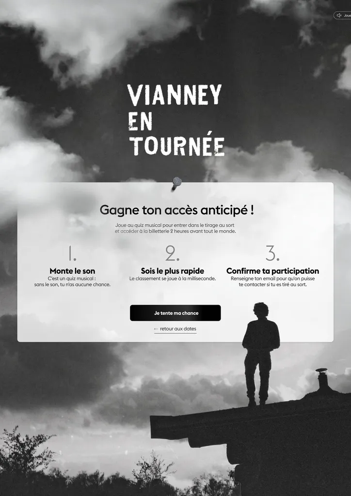 Blind test page, Gagne ton accès anticipé, with three steps over the cloudy tour visual, Vianney website