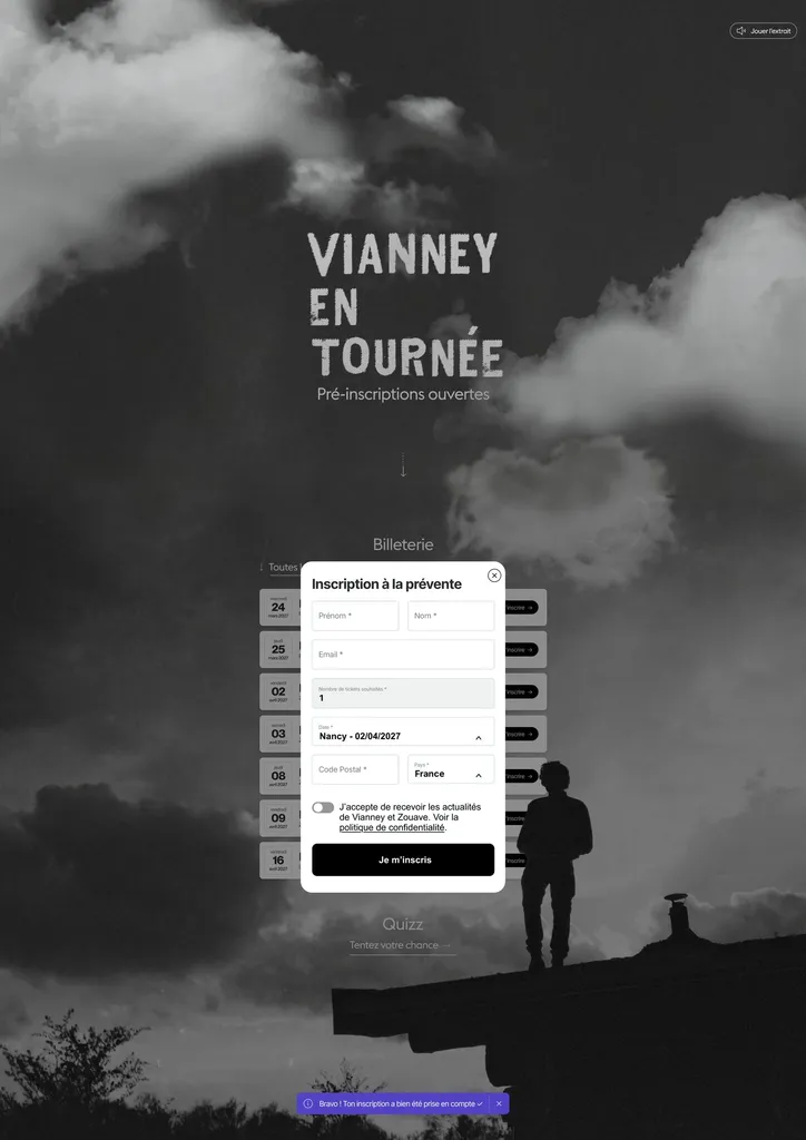 Presale registration form over the black and white tour visual, Vianney en tournée website