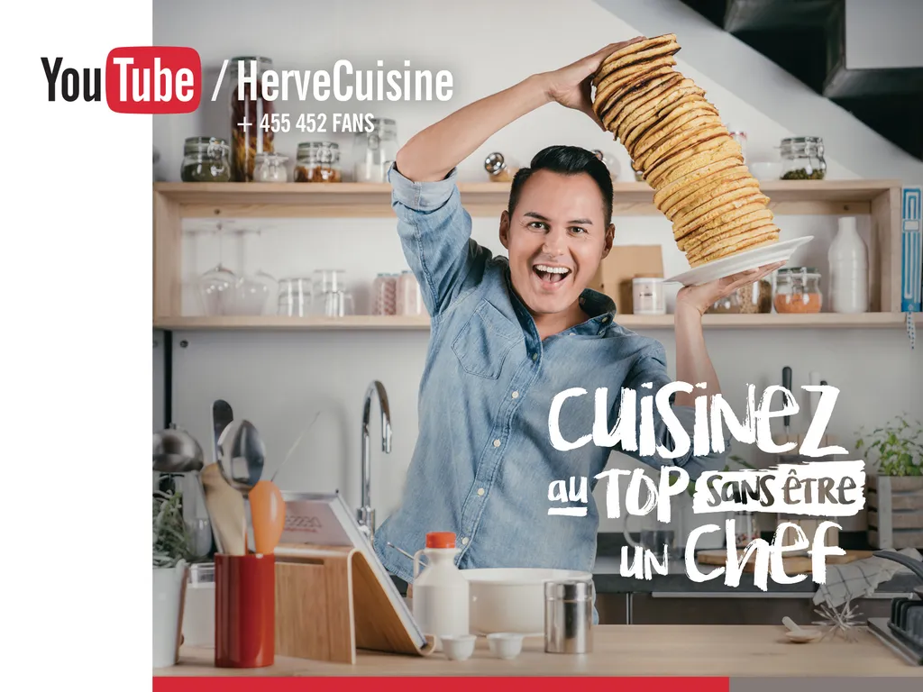 Billboard of Hervé Cuisine with his pancake stack, Cuisinez au top sans être un chef, YouTube campaign